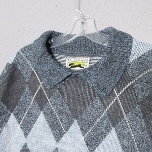 Vintage Le Tigre Sweater Men Medium Blue Gray Argyle Collared Preppy 90s Y2K USA